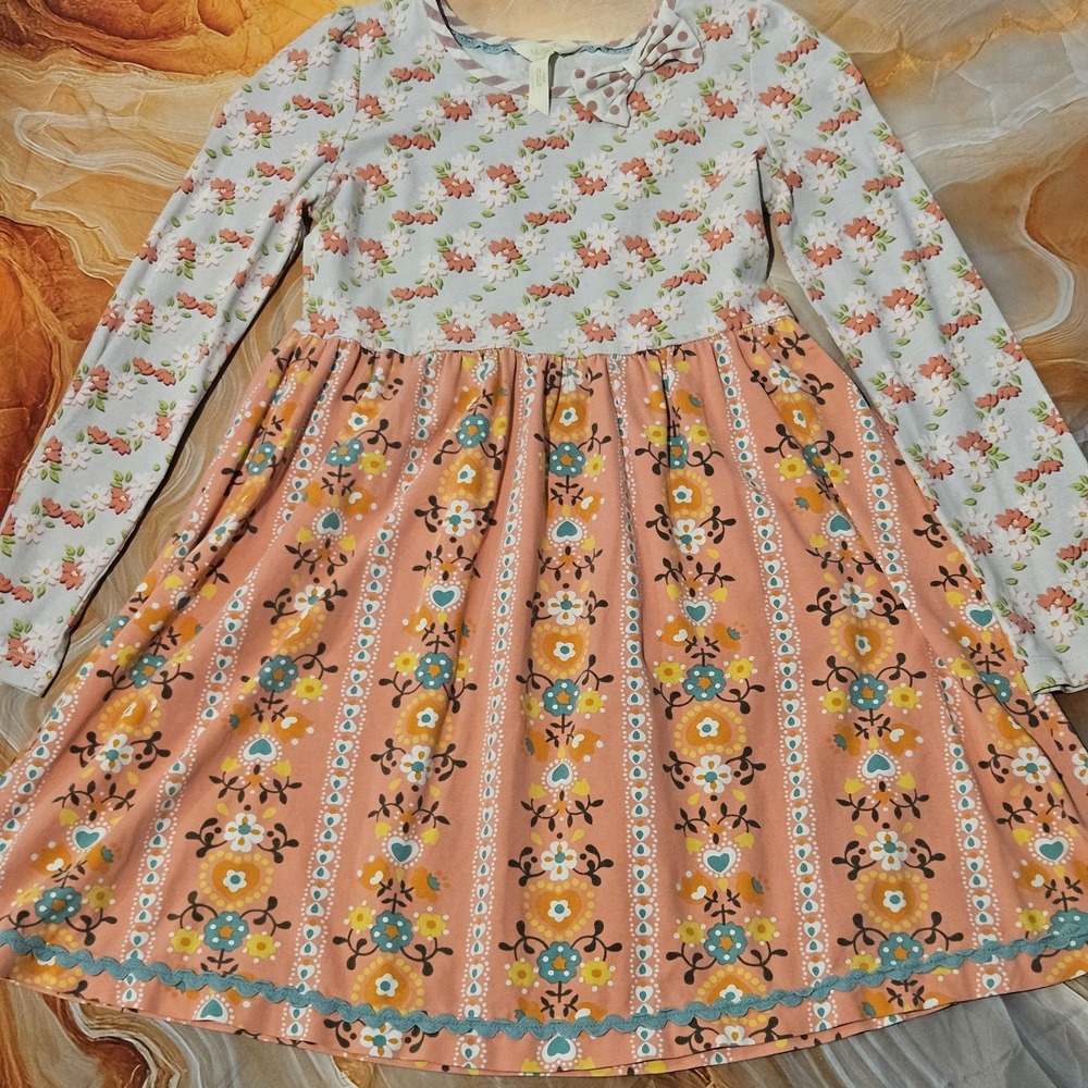 Matilda Jane Girls Size 10 Long Sleeve Floral Peasant Boho Dress Pink Blue
